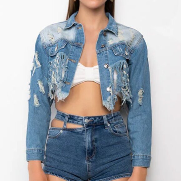 Callie Lives Miz Life Is Good: Fringe Distressed Crop Denim Jean Jacket L XL 1X - Picture 2 of 16